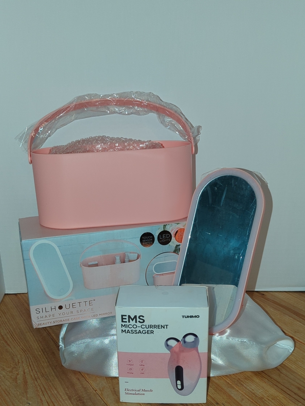 Beauty Organizer Set with LED Mirror + EMS Massager